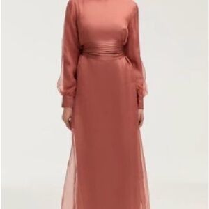 Veiled Collection Silk Organza Elegant Long Sleeve Dress in Rust